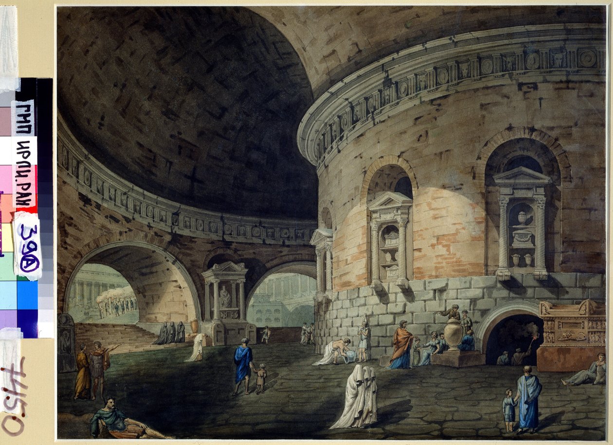 戏剧的场景设计。 戏剧舞台设计。 多梅尼科·科西尼（Domenico Corsini，1812-1873 年）的绘画，十九世纪初。 意大利艺术。 纸上水彩。 俄罗斯国家文学艺术档案馆，莫斯科 作者 多梅尼科·科西尼