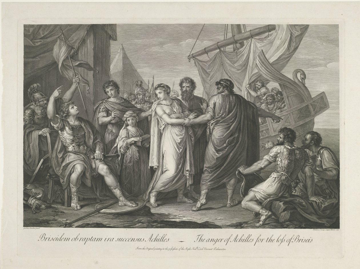 阿喀琉斯对失去布里塞伊斯的愤怒
Briseidem ob raptam ira succensus Achilles / 阿喀琉斯对失去布里塞伊斯的愤怒（标题为实物） 作者 多梅尼科·库尼戈（Domenico Cunego）
