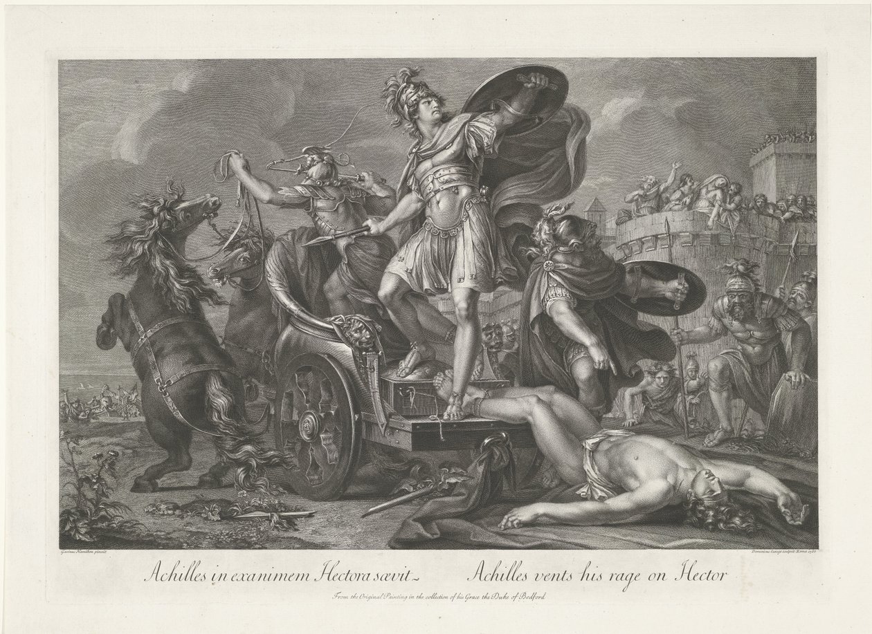 阿喀琉斯把赫克托耳的尸体拖在战车后面
Achilles in exanimem Hectora saevit / 阿喀琉斯向赫克托耳发泄怒火（标题见实物） 作者 多梅尼科·库尼戈（Domenico Cunego）