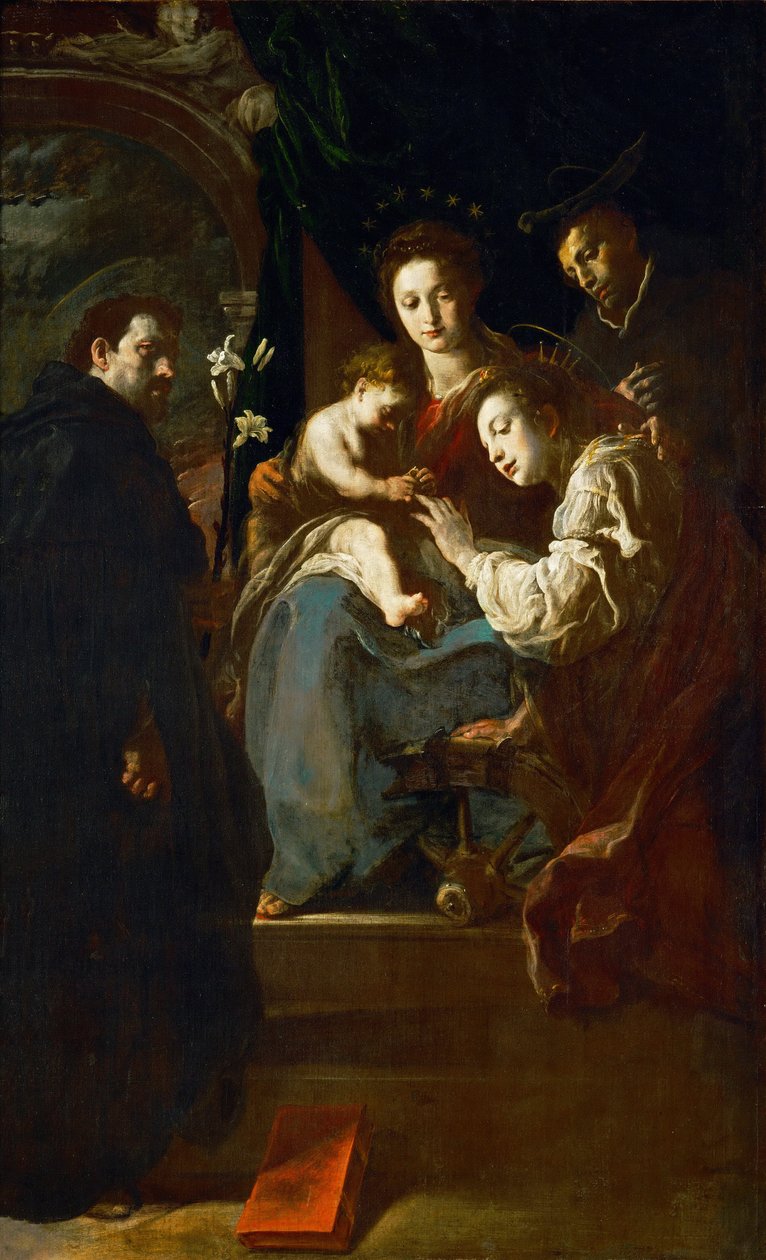 巴洛克风格:Le mariage mystique de Sainte Catherine, avec Saint Dominique et saint Pierre martyr - The Mystical Marriage of Saint Catherine with Saints Dominic and Peter Martyr par Fetti, Domenico (1588/90-1623) 作者 Domenico Fetti或Feti