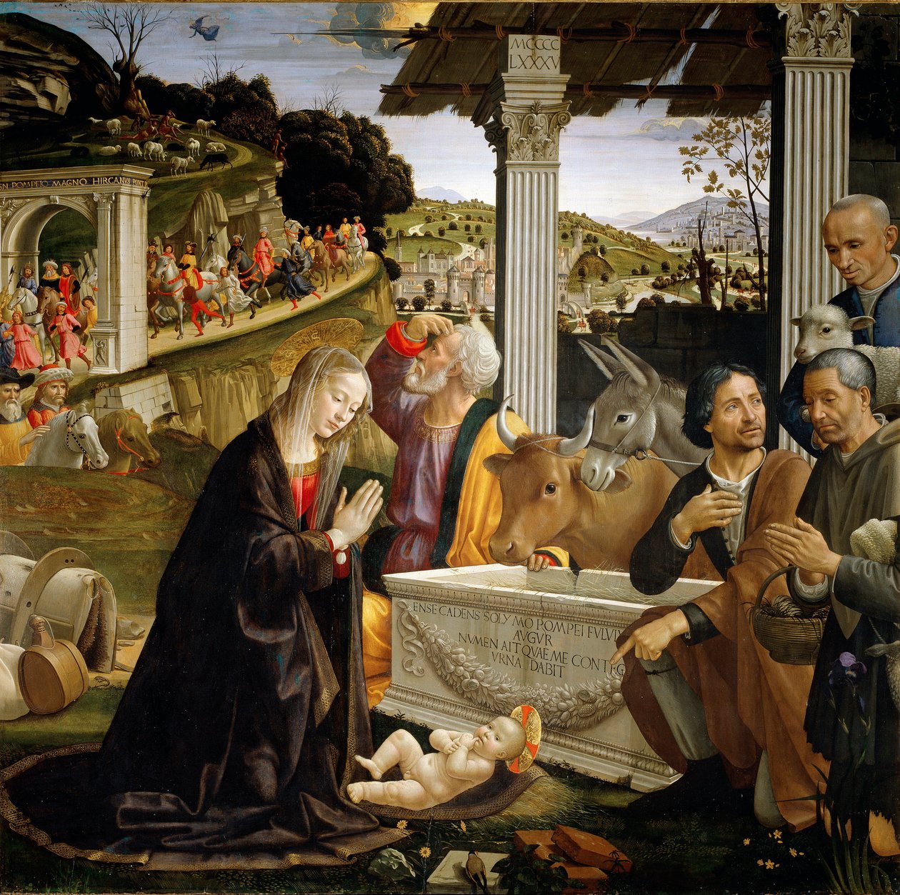 多梅尼科·吉兰达约 (Domenico Ghirlandaio) (1449-1494) 1483-1485 年作《牧羊人的崇拜》。 167x167 cm Capella Sassetti, Santa Trinita, Florence 作者 多梅尼科·吉兰达约（Domenico Ghirlandaio）