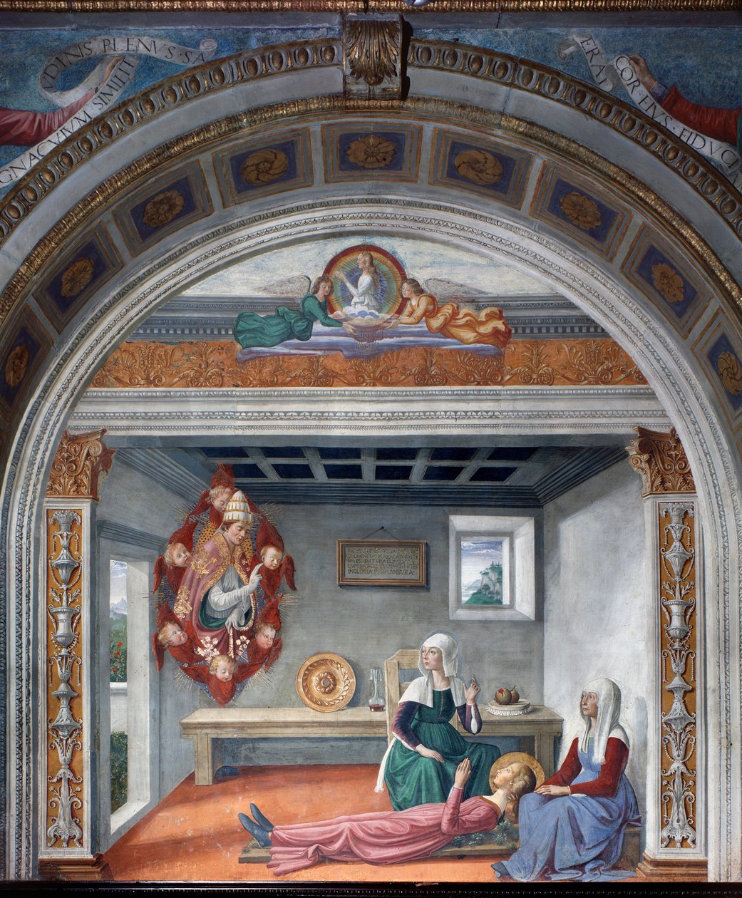 圣格雷戈里大帝向圣菲娜宣告死亡 - 壁画 作者 多梅尼科·吉兰达约（Domenico Ghirlandaio）