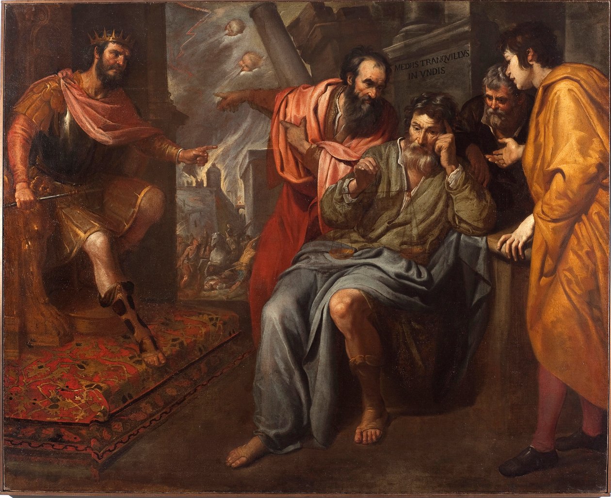 Mediis tranquillus in undis or “” The imperturbability of the Greek philosopher Anaxarchus of Abdere (4th century BC)””” He was a companion of Alexander the Great representative on the left. Painting by Domenico Fiasella dit il Sarzana (1589-1669) 1630-163 作者 多梅尼科·伊尔·萨尔扎纳·菲亚塞拉
