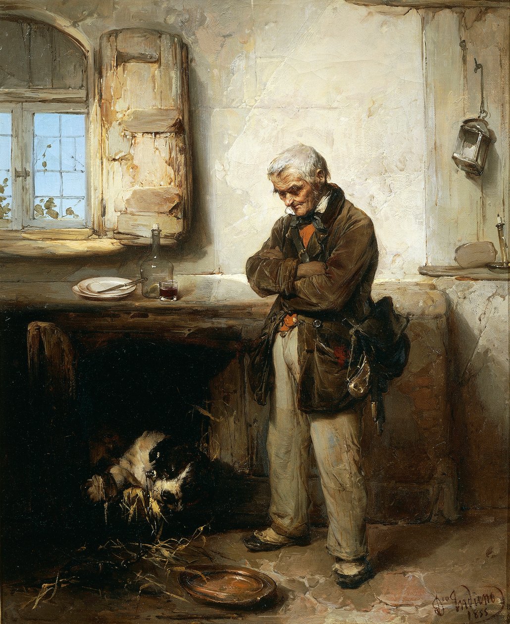 老人和狗，约1855年，由Domenico Induno（1815-1878）创作，布面油画，45x54厘米 作者 多梅尼科·印度诺（Domenico Induno）