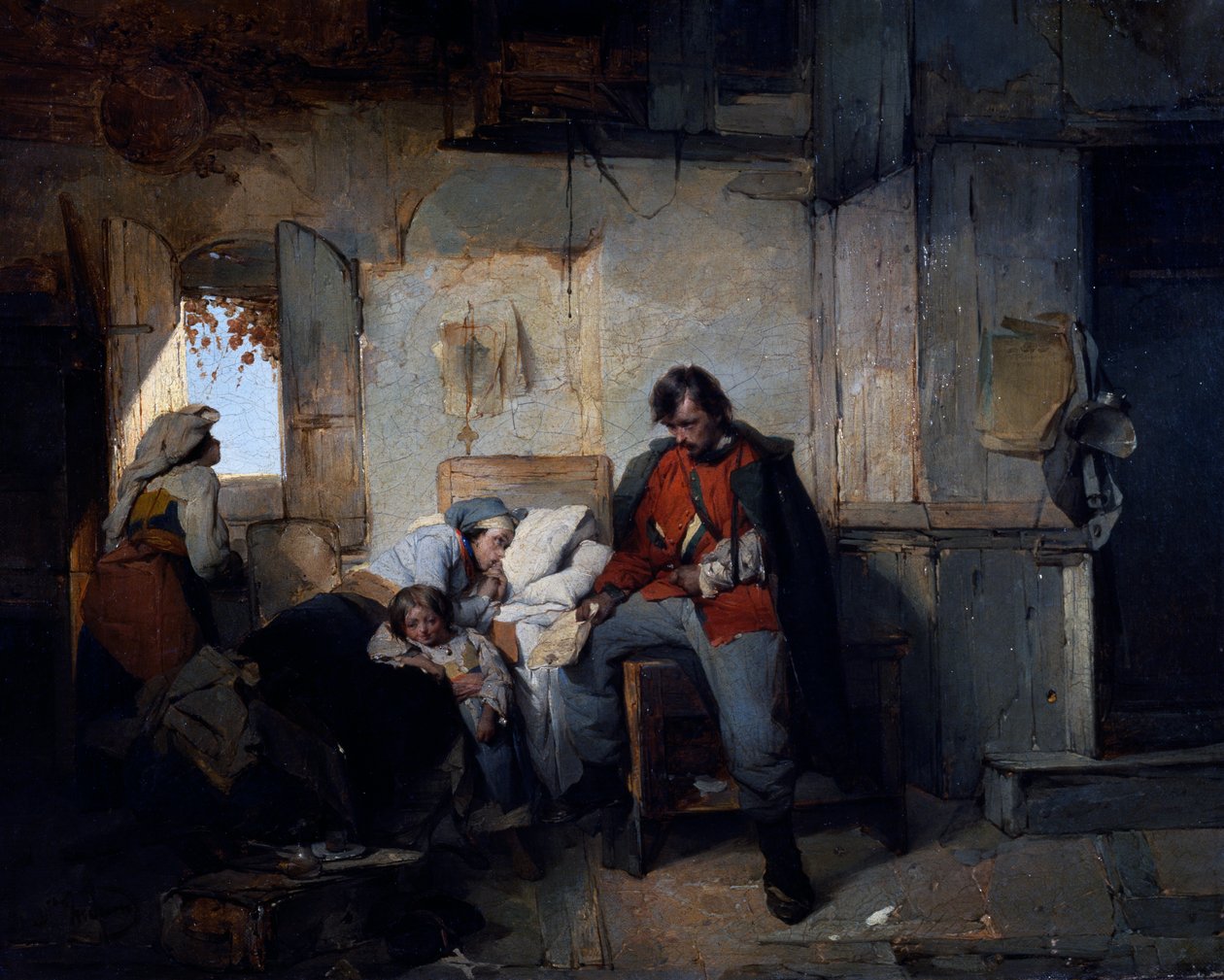 受伤士兵的回归，约1854年，由Domenico Induno（1815-1878）创作，布面油画，42x53厘米，意大利 作者 多梅尼科·印度诺（Domenico Induno）
