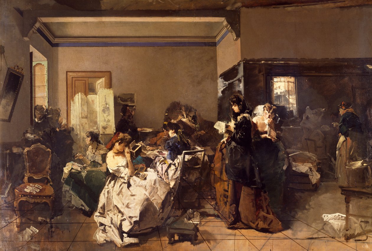 女裁缝学校，多米尼克-因杜诺（1815-1878）著，布面油画 作者 多梅尼科·印度诺（Domenico Induno）