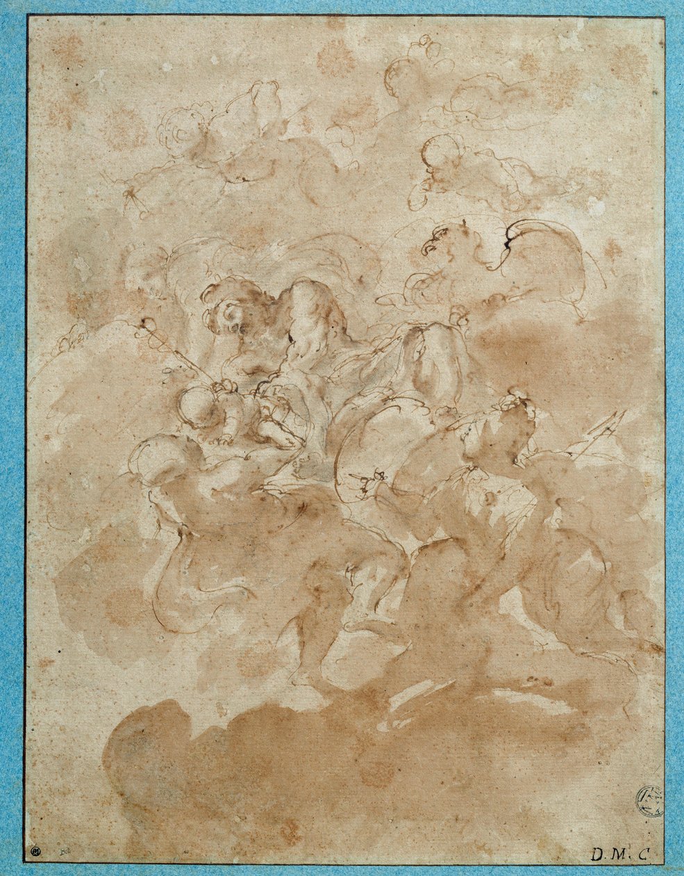 朱庇特将巴克斯托付给墨丘利的画作，多米尼克-卡努蒂(1620-1684)用棕色水洗和血迹绘制，巴黎。卢浮宫博物馆 作者 多梅尼科·玛丽亚·卡努蒂