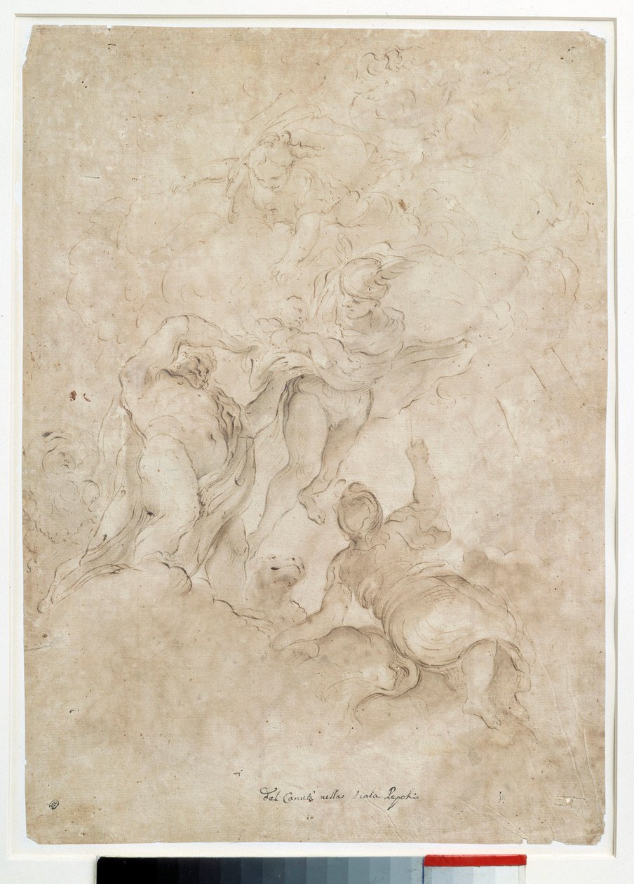 木星将巴克斯委托给多梅尼科·卡努蒂（Domenico Canuti，1620-1684 年）巴黎用棕色水洗和血液绘制的 Mercure Drawing。 卢浮宫 作者 多梅尼科·玛丽亚·卡努蒂