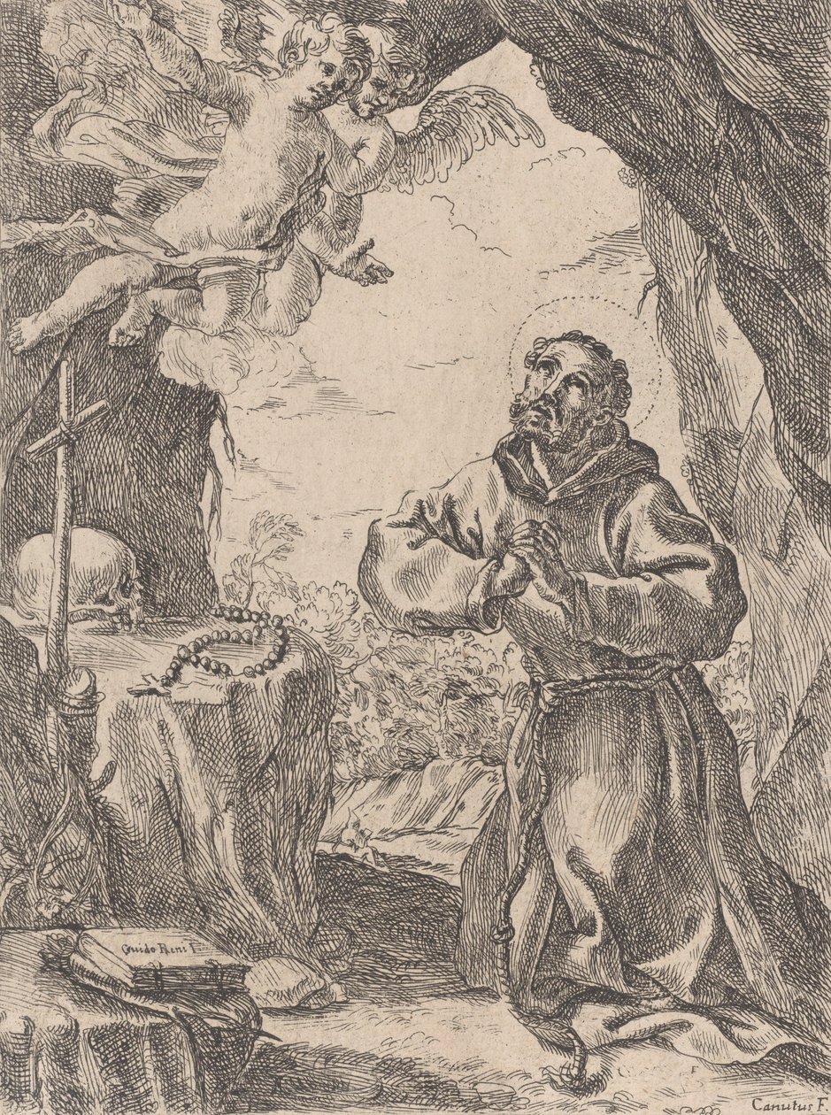 阿西西的圣弗朗西斯，跪在十字架前，左上方有两个天使，1643-44年。 作者 多梅尼科·玛丽亚·卡努蒂
