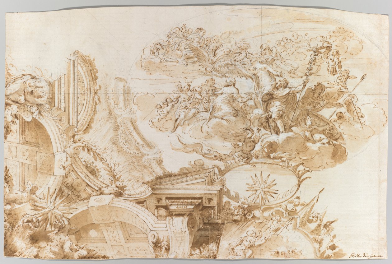 罗缪勒斯的神化：天花板的设计，c。 1675-76。 作者 多梅尼科·玛丽亚·卡努蒂