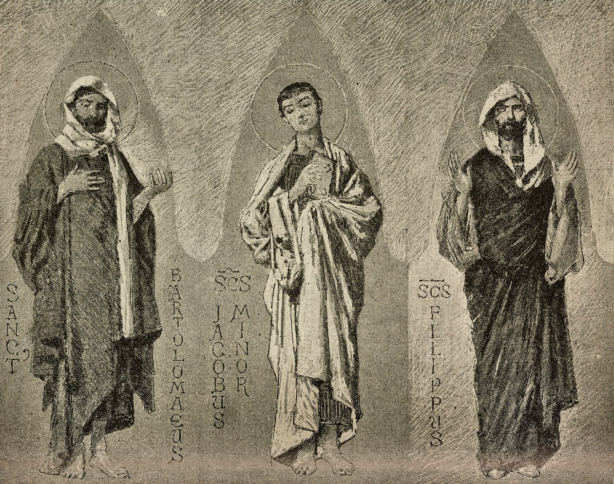 圣徒巴塞洛缪、小雅各布和菲利普，多梅尼科-莫雷利为意大利阿马尔菲大教堂的马赛克创作的漫画，P-斯科佩塔绘制，雕刻自《意大利画报》第42期，10月10日 作者 多梅尼科·莫雷利（Domenico Morelli）