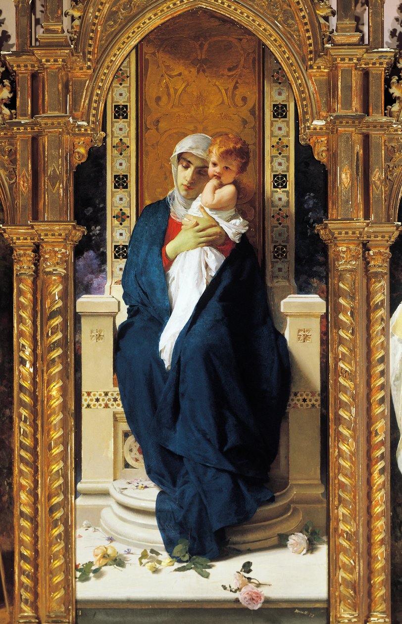玫瑰圣母的色板画，多梅尼科·莫雷利（Domenico Morelli，1823-1901），细节，圣奥古斯丁教堂，科里利亚诺卡拉布罗城堡，意大利卡拉布里亚 作者 多梅尼科·莫雷利（Domenico Morelli）