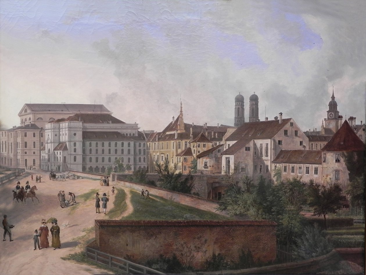 德语: Die Königliche Residenz von Nordosten im Jahr 1827 1827 年来自东北部的慕尼黑皇家宅邸 作者 多梅尼科·夸里奥（Domenico Quaglio）