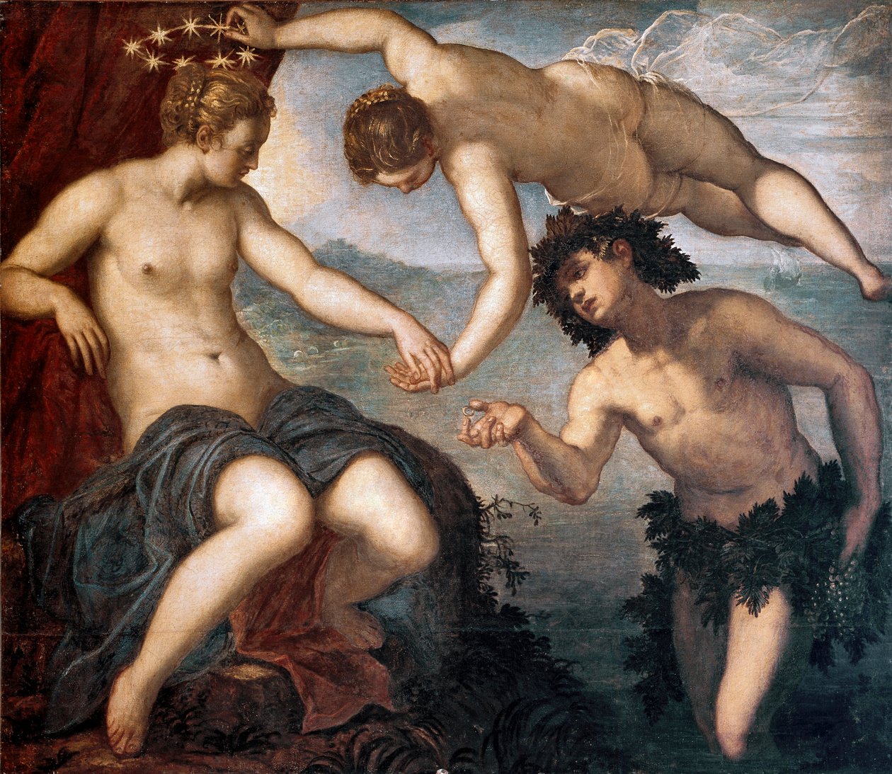 巴克斯、维纳斯和阿丽亚娜由丁托列托或丁托列 (Jacopo Robusti) (1518-1594) 1577-1580 作画。 146x167 厘米反大学瓷砖，威尼斯总督宫 作者 多梅尼科·罗布斯提·丁托列托