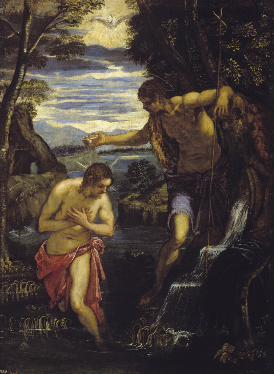 Bapteme du Christ - The Baptism of Christ - Tintoretto, Domenico (1560-1635) - ca 1585 - Oil on canvas - 137x105 - Museo del Prado, Madrid 作者 多梅尼科·罗布斯提·丁托列托
