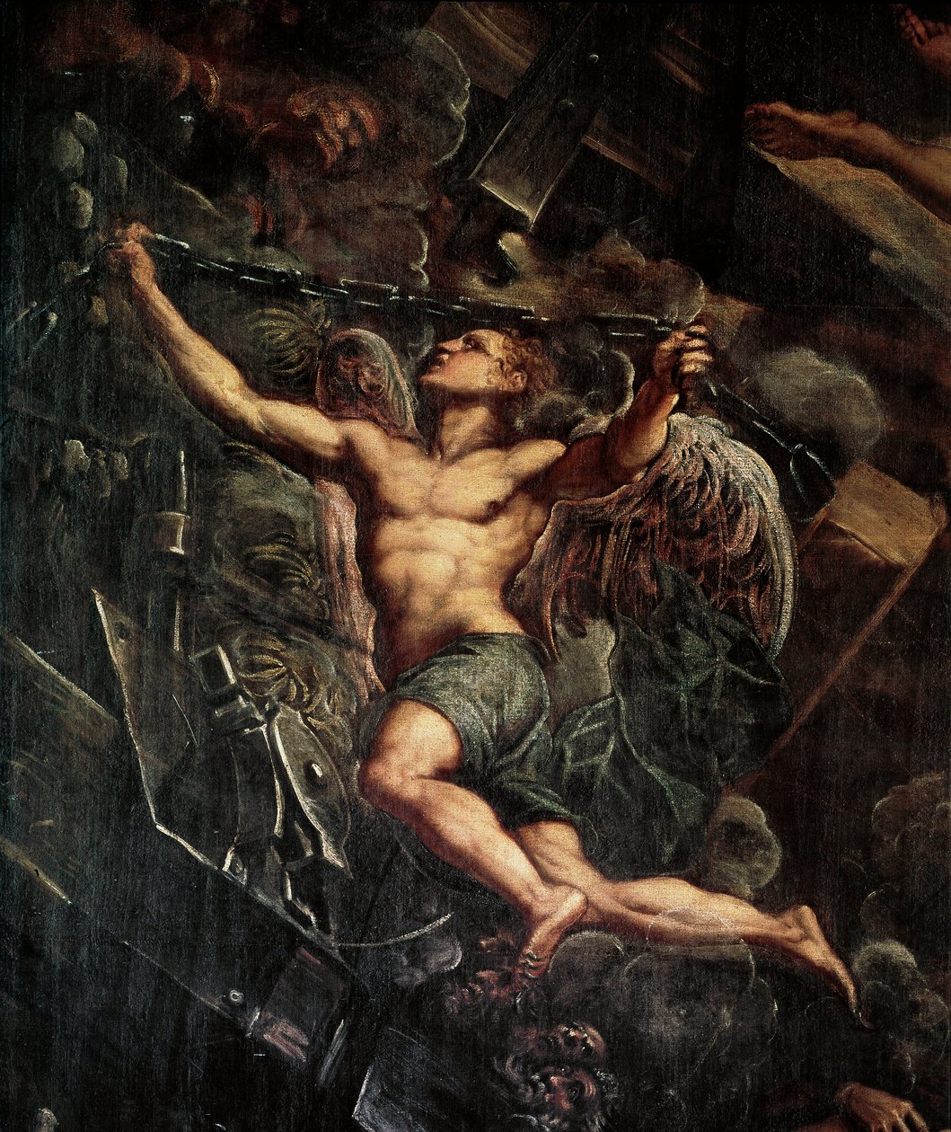 耶稣基督 (Jesus Christ) 下降到天使的地狱细节。 Jacopo Robusti detto il Tintoretto 的绘画（The Tintoret 作者 多梅尼科·罗布斯提·丁托列托