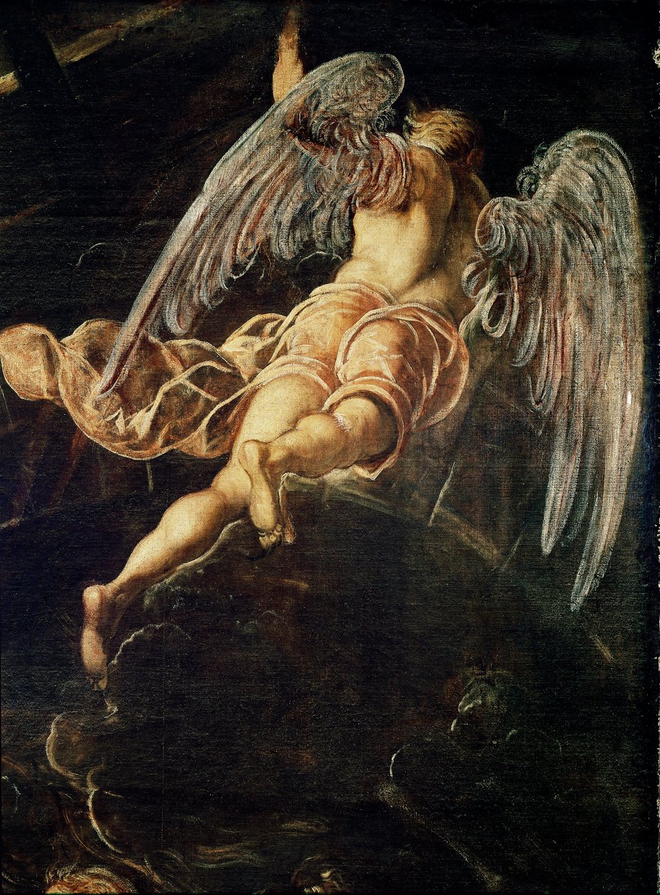 耶稣基督下降到天使的地狱细节。 Jacopo Robusti detto il Tintoretto 的绘画（The Tintoret 作者 多梅尼科·罗布斯提·丁托列托