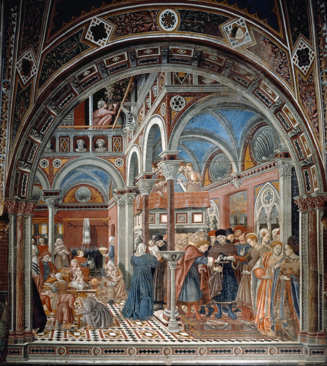 锡耶纳的santa Maria della scala孤儿院的景色。 左边是保姆照顾被遗弃的孩子，右边是被迫结婚的孕妇。多梅尼科-迪-巴托洛（活跃于1428年至1447年间）的壁画，Spedale di Santa Maria del 作者 多梅尼科·迪·巴托洛