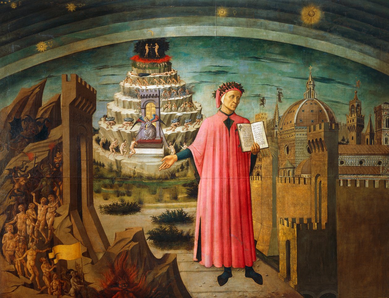 神曲》，但丁-阿利吉耶里（1265-1321）的作品，多米尼克-迪-米歇尔诺（1417-1491）的壁画，意大利佛罗伦萨花之圣母大教堂。 作者 多米尼克·米歇里诺