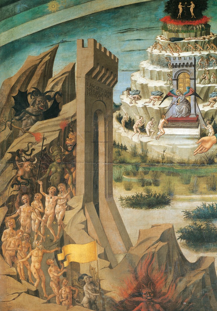被诅咒的人物，但丁持有的《神曲》的细节，多米尼克-迪-米歇尔诺（1417-1491）的壁画，意大利佛罗伦萨的圣玛丽亚-德尔-菲奥雷大教堂 作者 多米尼克·米歇里诺