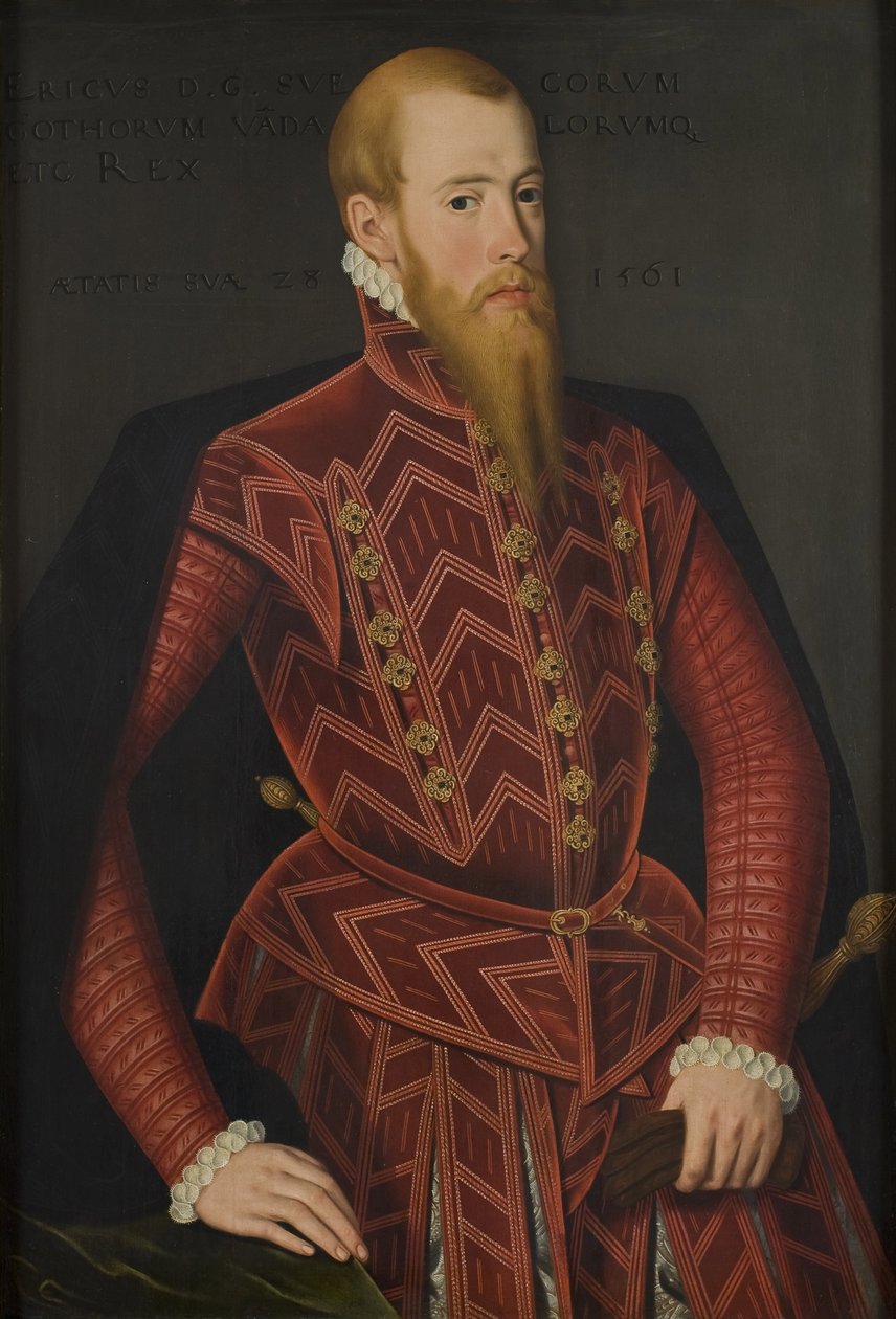 Eric XIV de Suede - 瑞典国王埃里克十四世（1533-1577 年）的肖像，由 Verwilt, Domenicus（活跃于 1544-1566 年）绘制。 木头上的油。 尺寸：103x69 厘米。 斯德哥尔摩国家博物馆 作者 多梅尼库斯·维尔威尔特（Domenicus Verwilt）