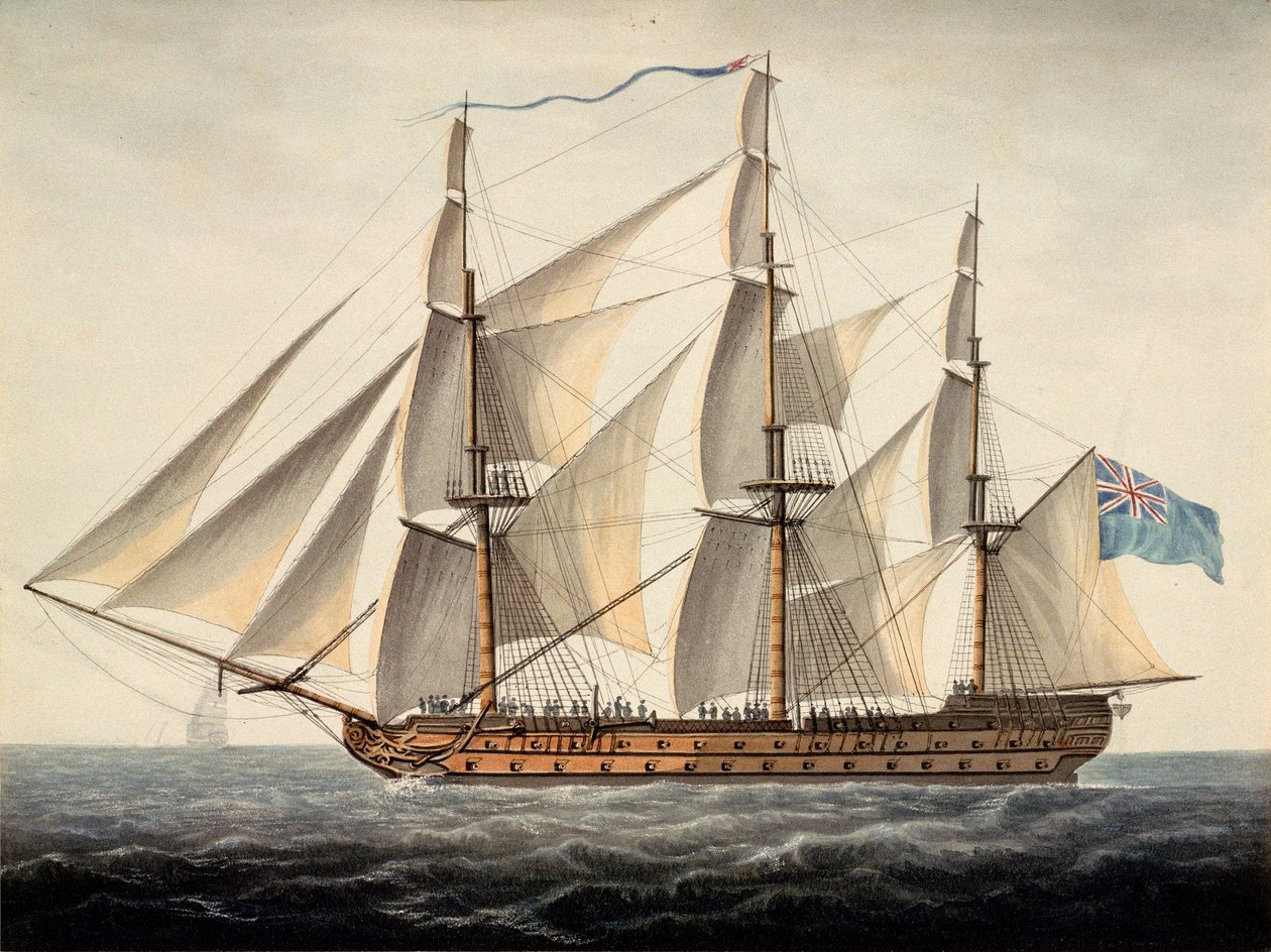 法国 "Sans Pareil "号三等船，80 门炮，约 1800 年 6 月 1 日被俘（水彩画） 作者 多米尼克·塞雷