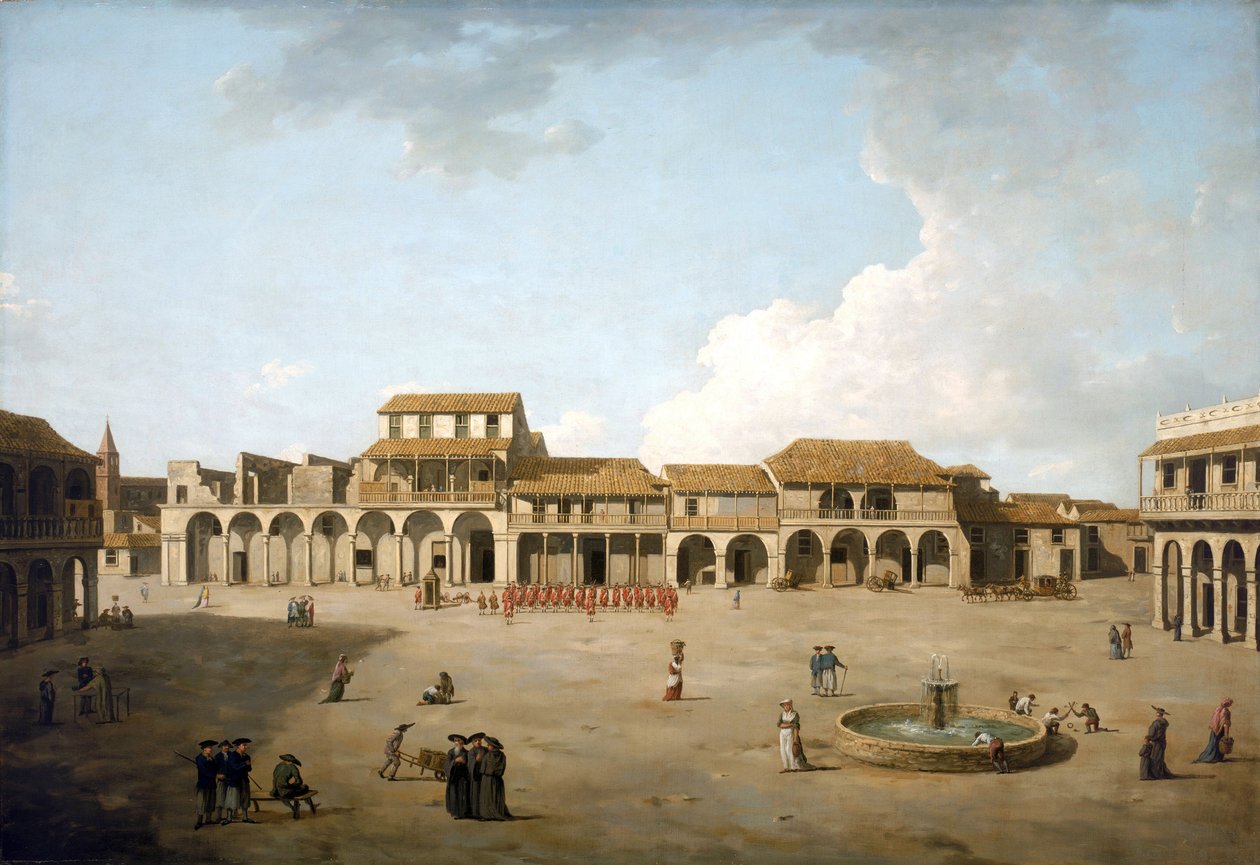 哈瓦那广场（古巴），1762 年 8 月和 9 月，英国占领时期，一队身着红色制服的士兵，喷泉附近的建筑物和一些英国水手的描述 作者 多米尼克·塞雷