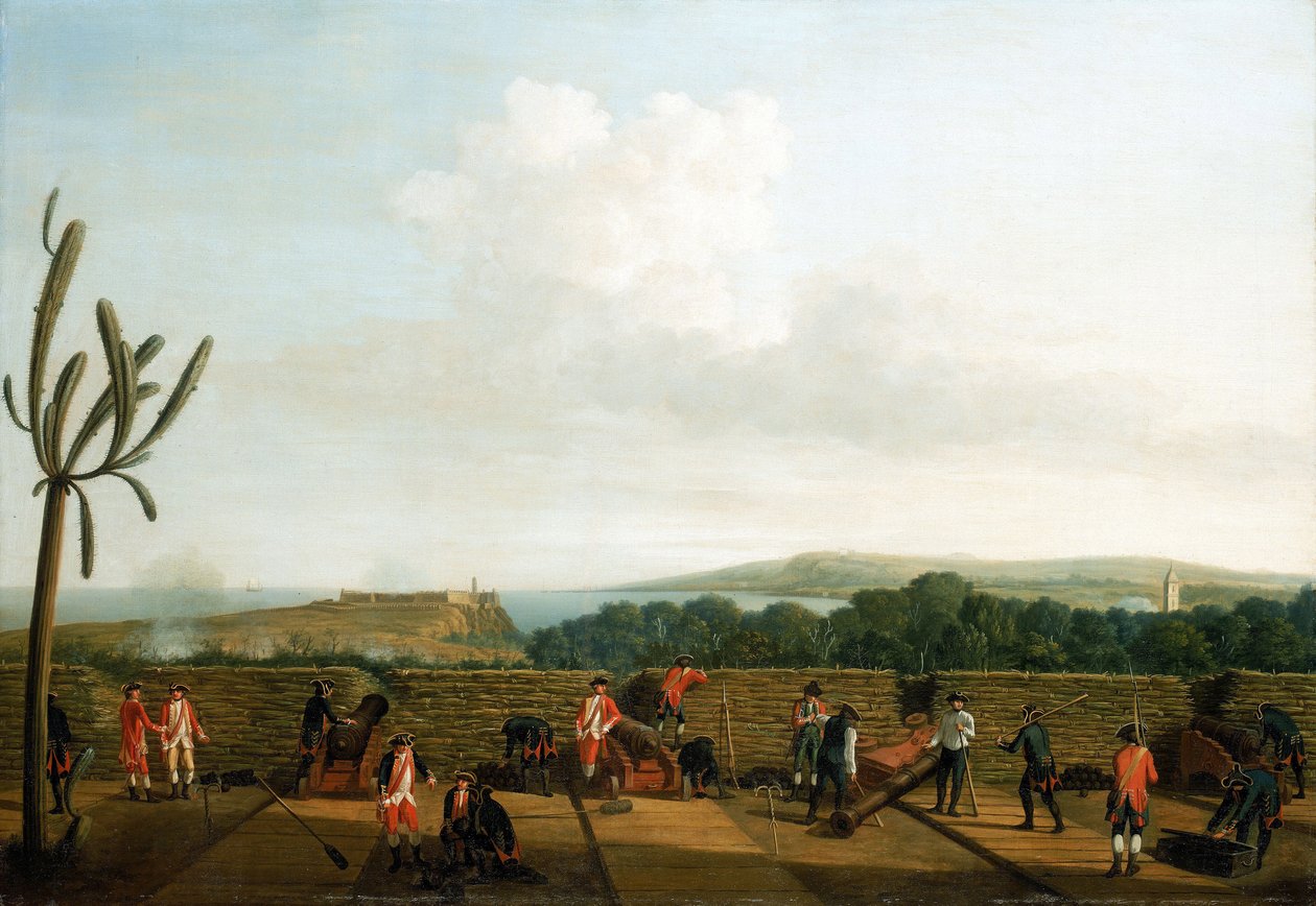 七年战争（1756-1763 年）：1762 年攻占哈瓦那（古巴），莫罗城堡前的英国大炮炮台安装在一个木制平台（台基）上，有防护栏，炮手身着蓝衣，地平线上是莫罗城堡。 作者 多米尼克·塞雷