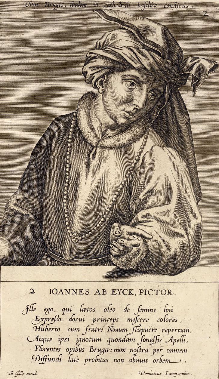 Jan van Eyck（c.1390-1441）的肖像画在一系列艺术家肖像中，由Theodor Galle雕刻（1571-1633） 作者 多米尼库斯·兰普森纽斯（Dominicus Lampsonius）