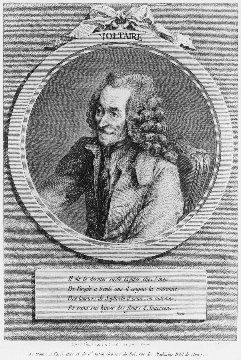 伏尔泰的肖像，来自1775年7月6日天龙的绘画 作者 多米尼克·万提·德农（Dominique Vivant Denon）