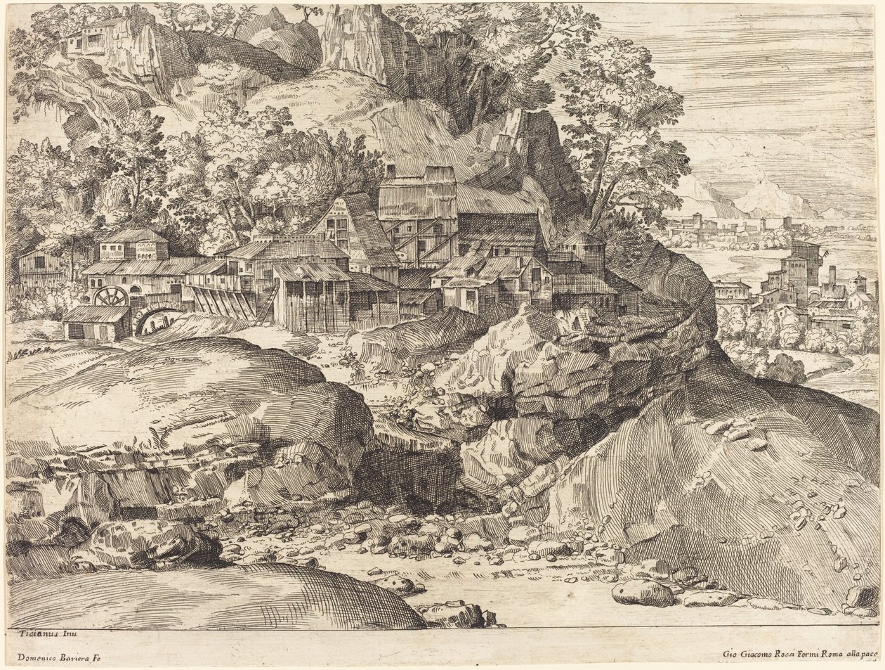 带磨坊的风景，约1650年。 作者 多米尼克·巴里尔
