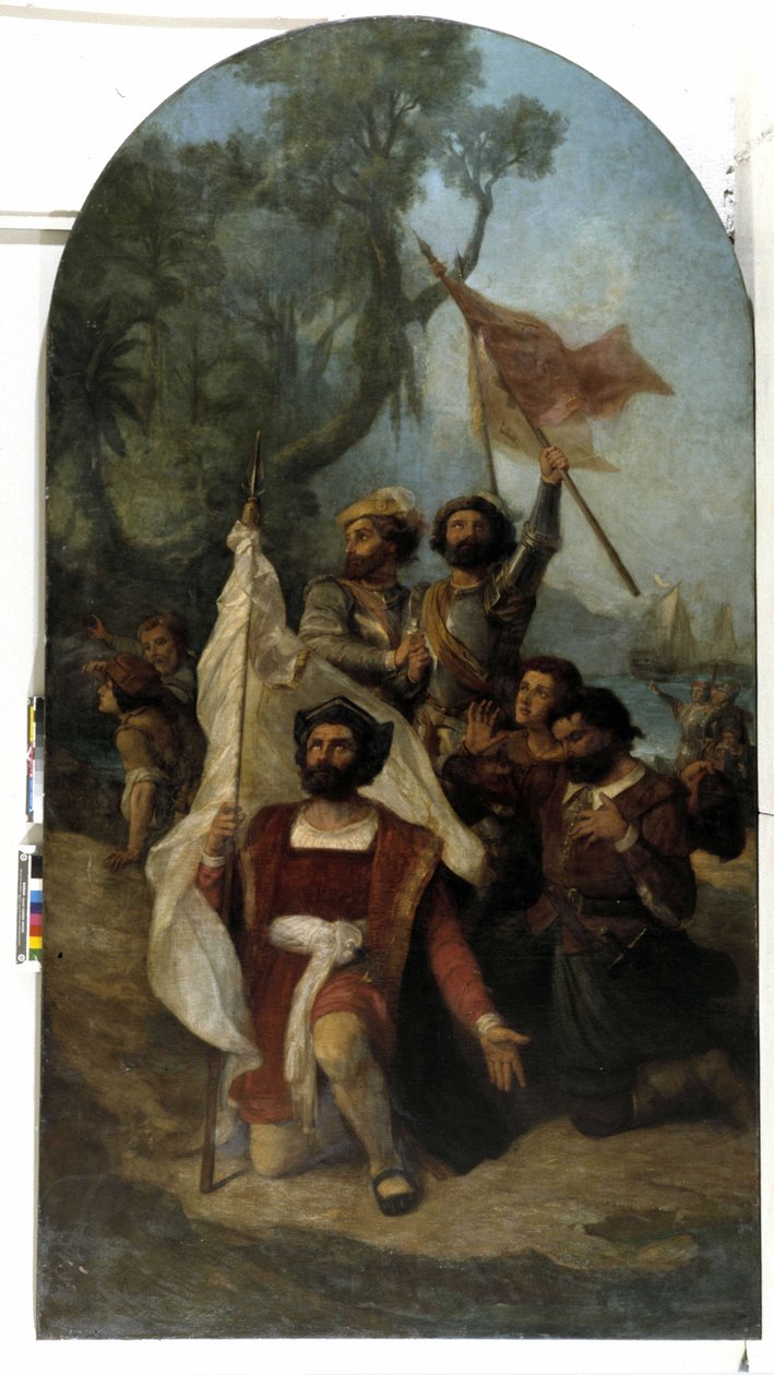 航海家克里斯托弗·哥伦布（Cristoforo Colombo，Cristobal Colon）（1451-1506）于 1492 年抵达新大陆时（布面油画） 作者 多米尼克·马格德（Dominique Magaud）