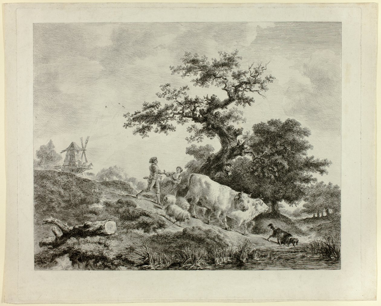 有风车、青年男女和两头牛的风景画 作者 多米尼克·万提·德农（Dominique Vivant Denon）