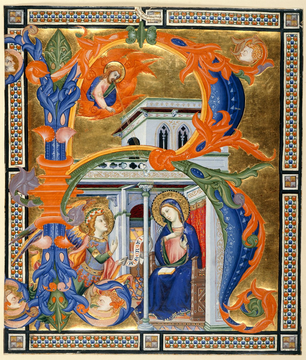Add.35254 C，显示圣母领报的首字母 "R"，选自 "Santa Maria degli Angeli Gradual"，约 1375 年（牛皮纸） 作者 唐·西尔维斯特·德·赫拉杜奇