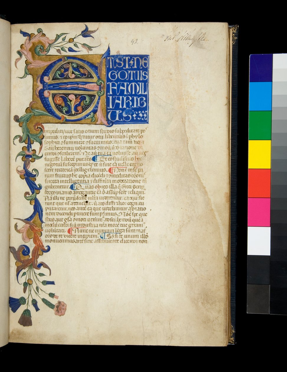 Ms 373. Pseudo-Cicero, Rhetorica ad Herennium, and other works, f.1r. Illuminated initial [E] and partial border with acanthus leaf and flower decoration, the first line of text in white display capitals on blue ground, c.1337 (parchment) 作者 唐·西尔维斯特·德·赫拉杜奇