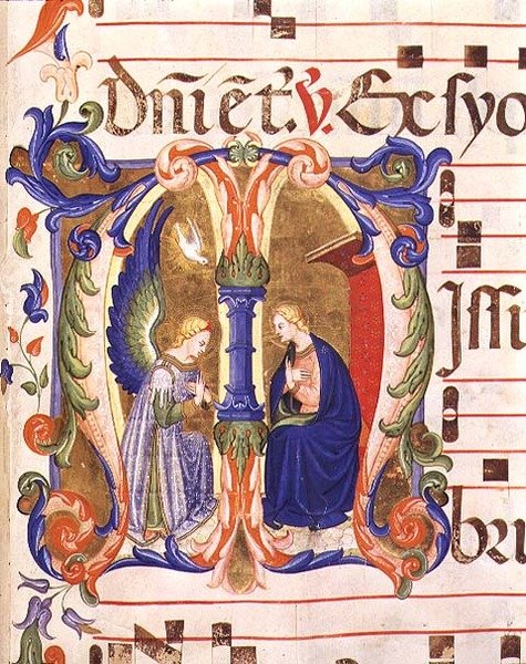 Ms 572 f.147r 历史悠久的首字母 "M"，描绘了来自佛罗伦萨圣玛丽亚-德尔-卡明的圣母颂（牛皮纸）的报喜。 作者 Don Simone Camaldolese 和学校