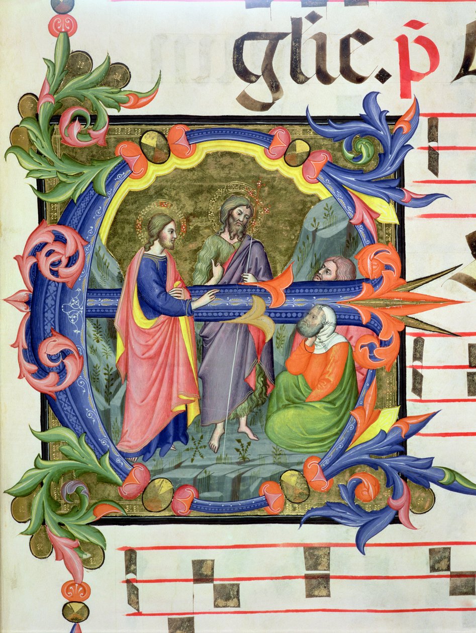Ms 572 f.107 r历史上最初的&39;E&39;描绘施洗者圣约翰将基督介绍给两个门徒，来自一个反电话 作者 唐·西蒙·卡马尔多雷斯