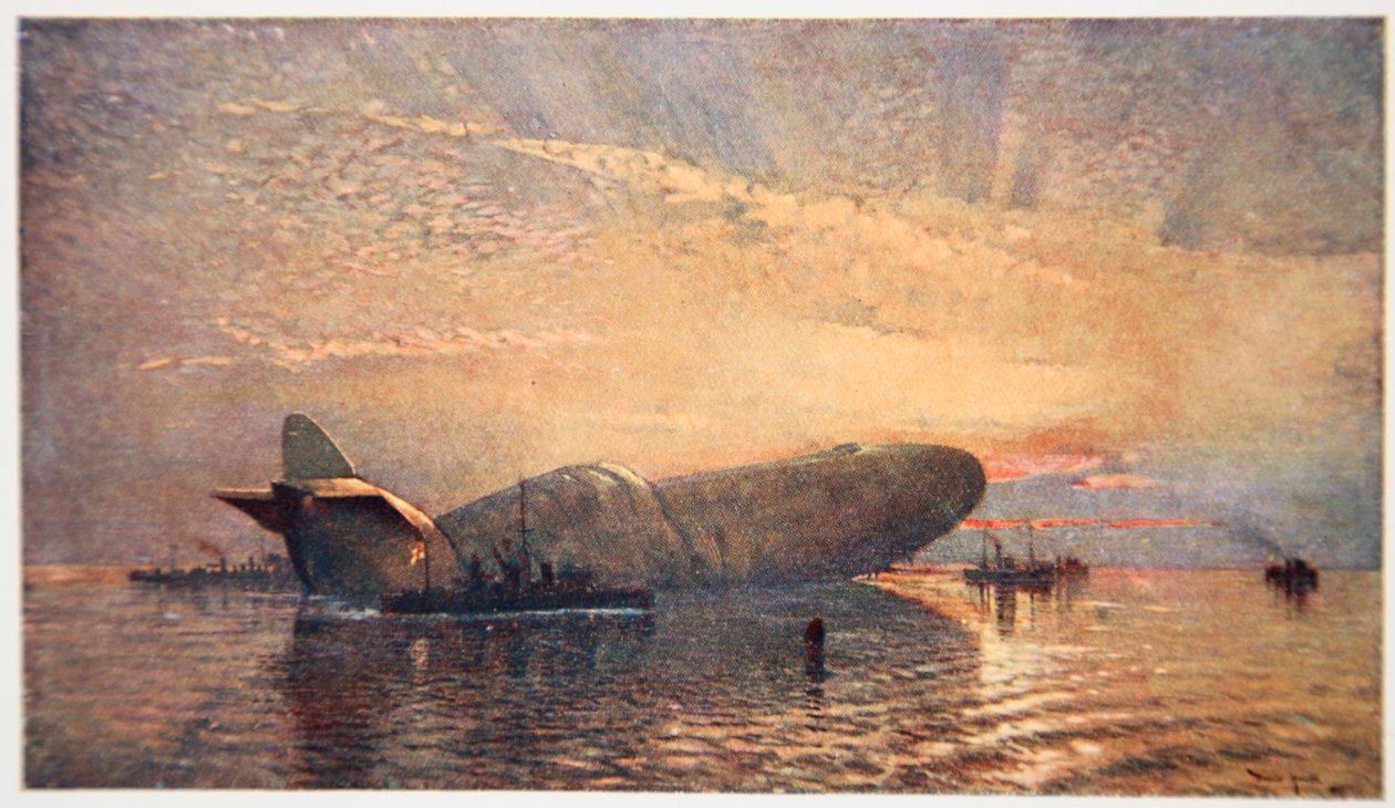 圣乔治和龙：1916年4月在泰晤士河上的Zeppelin L15，来自Gordon S. Maxwell的“海军前线”，1920年的插图 作者 唐纳德·麦克斯韦