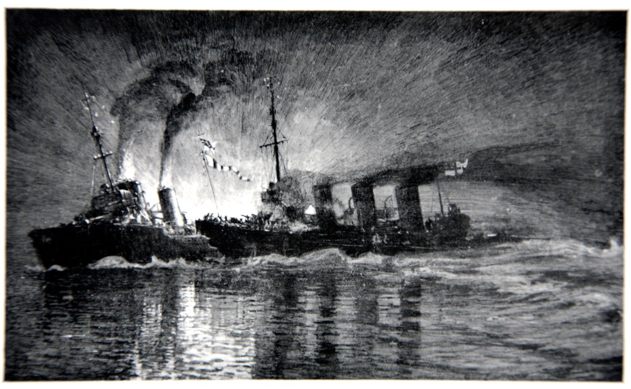 HMS Broke撞击德国驱逐舰，来自Gordon S. Maxwell，1920年的“海军前线”插图 作者 唐纳德·麦克斯韦