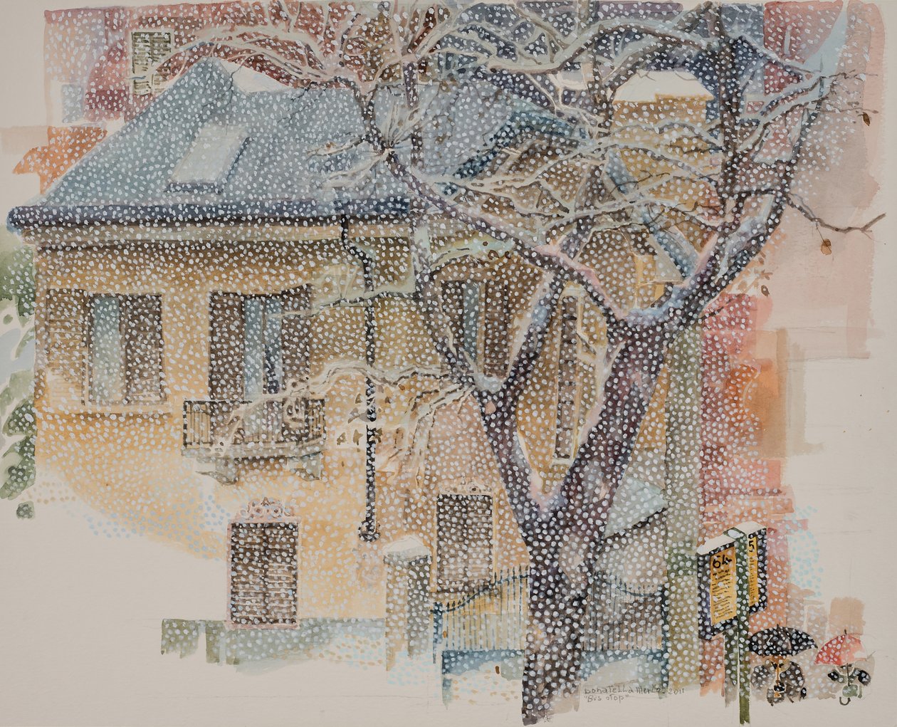 公交车站，2011 年（纸上水彩） 作者 多纳泰拉·梅洛