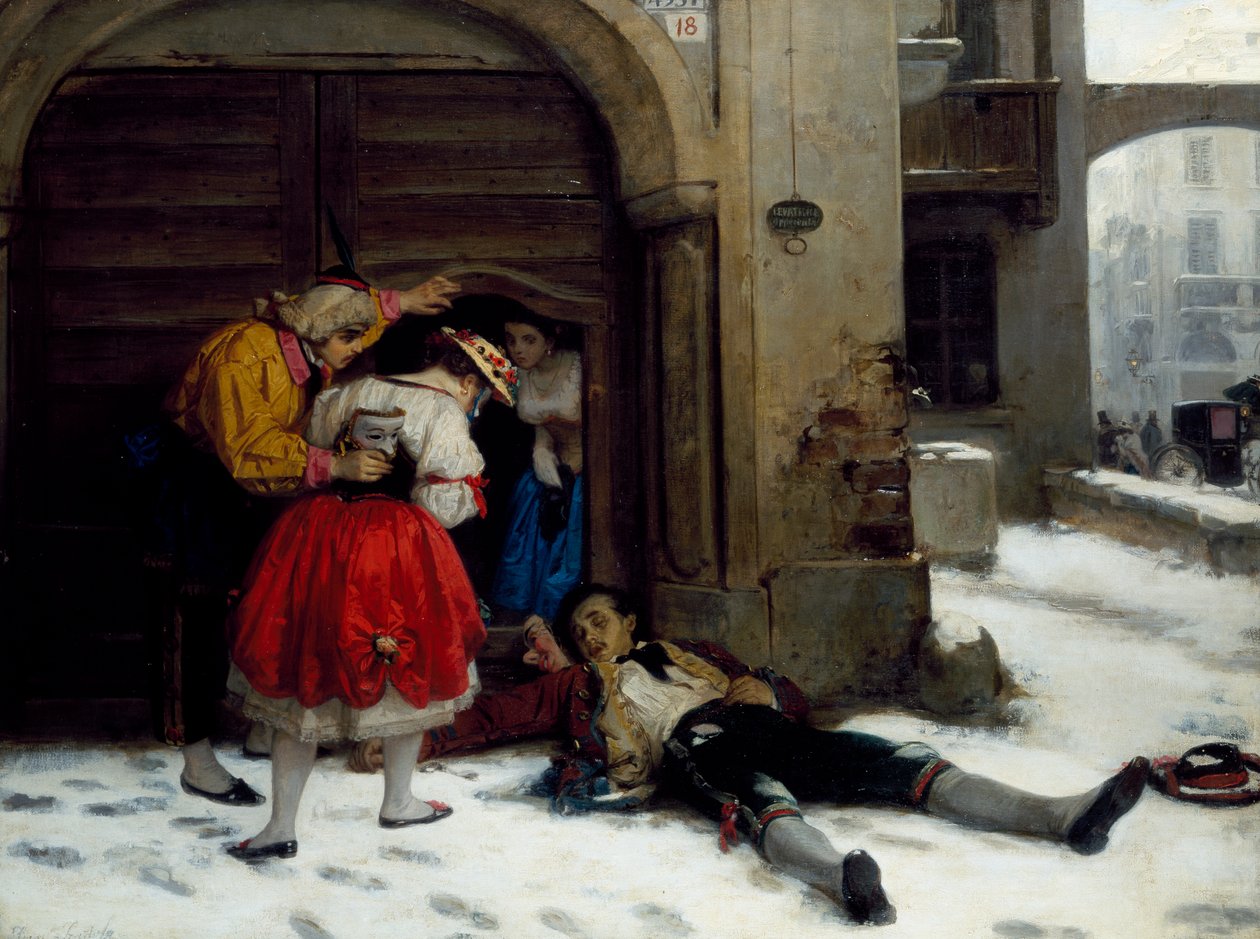 通宵派对后返回，多梅尼科·斯卡托拉（Domenico Scattola，1814-1876）绘画，布面油画，75x100 厘米 作者 多尼科·斯卡托拉