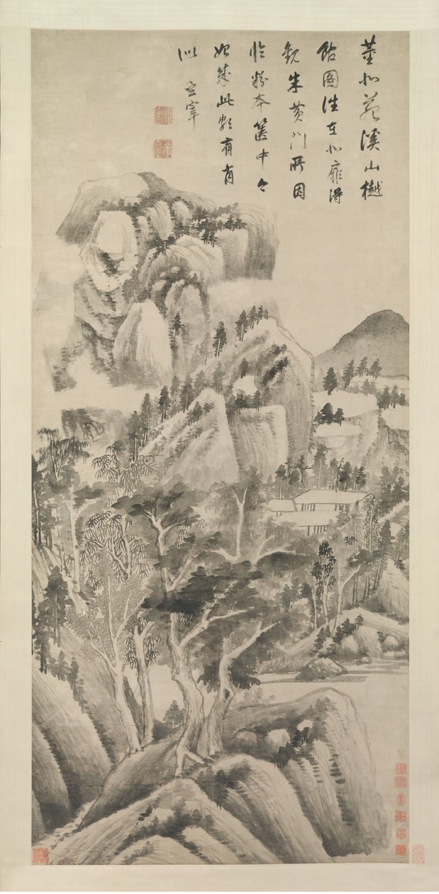 溪流和山脉之间的阴影住宅，ca。 1622-25。 作者 董其昌