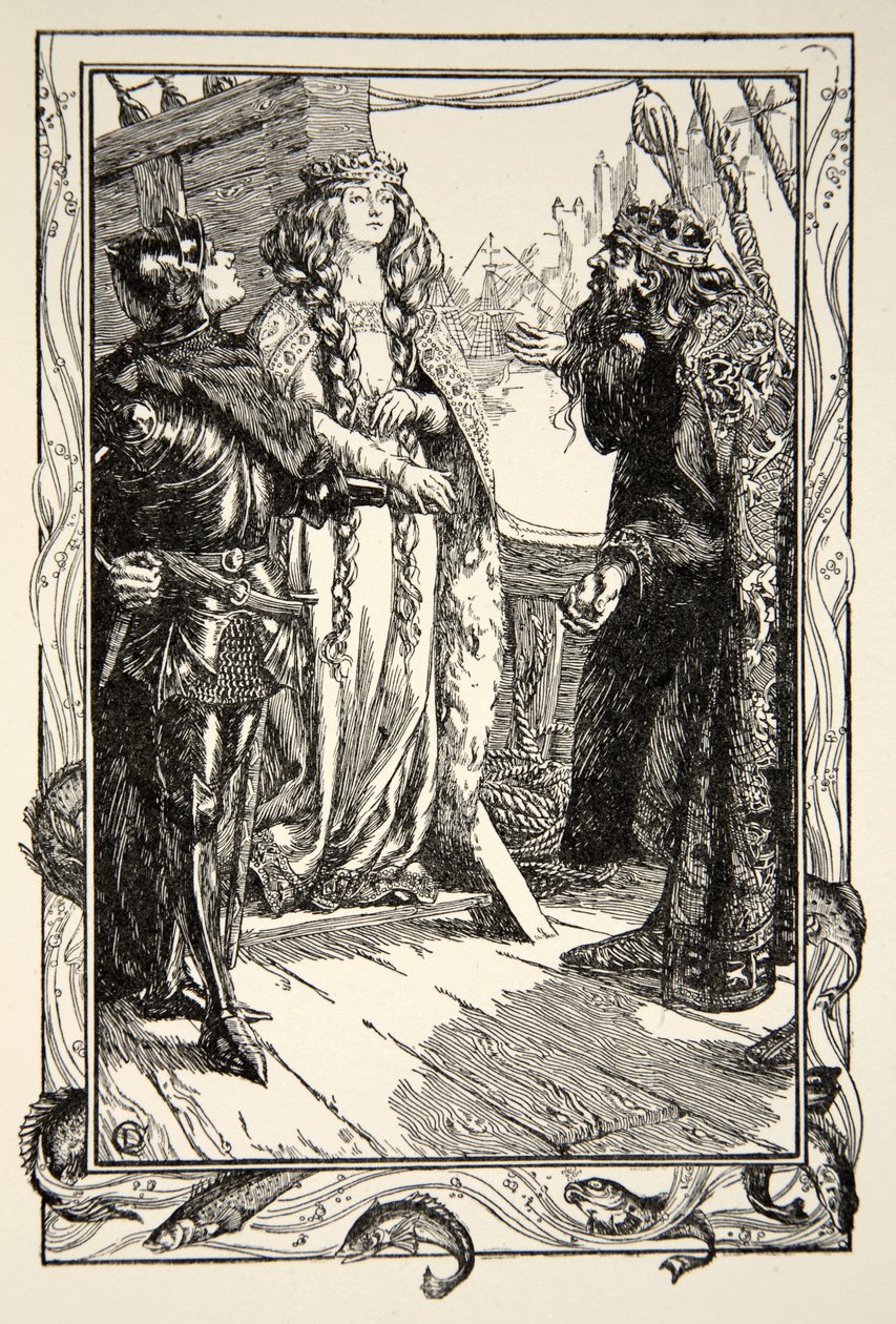King Anguish将Isolt送给Tristram爵士，来自“亚瑟王的故事和圆桌会议”的插图，Beatrice Clay，1905年第1版 作者 多拉·柯蒂斯（Dora Curtis）