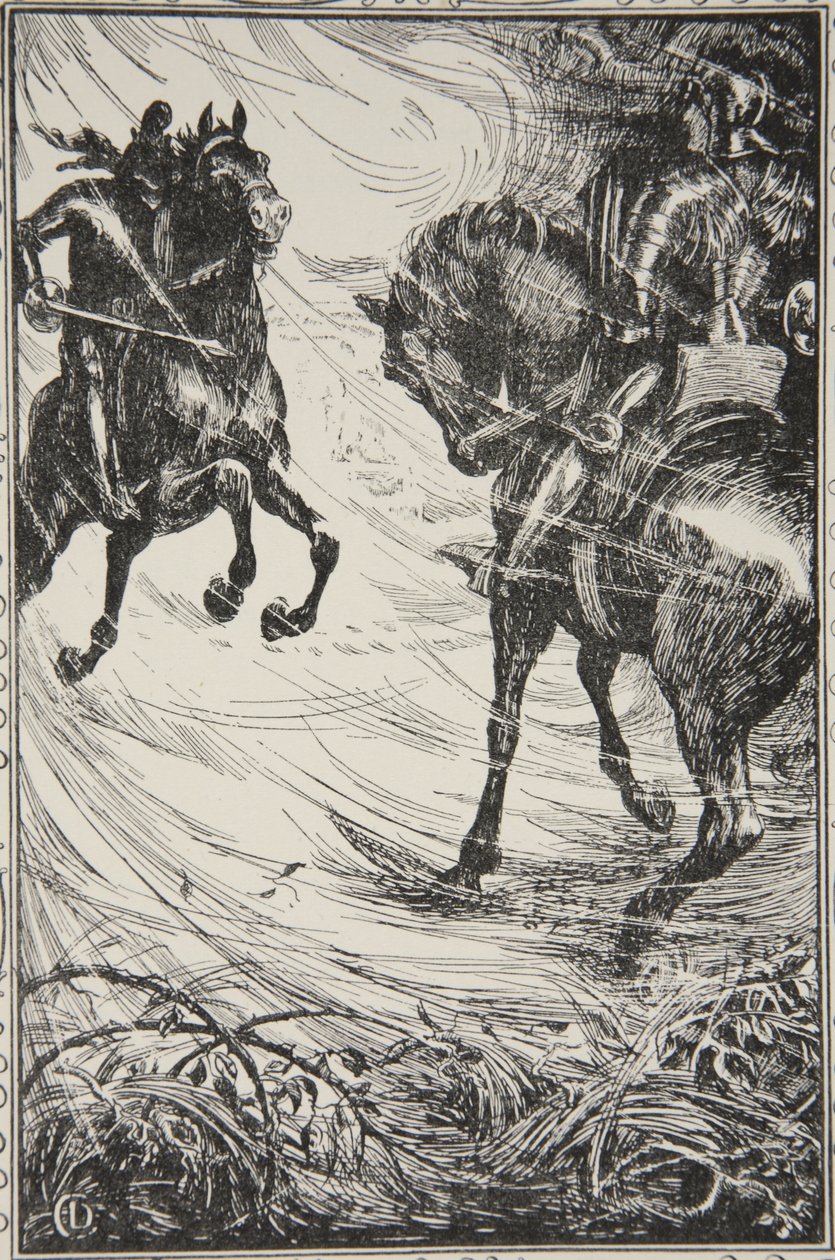 1905年第1版比阿特丽斯·克莱的“亚瑟王的故事和圆桌会议”中的插图是比赛 作者 多拉·柯蒂斯（Dora Curtis）