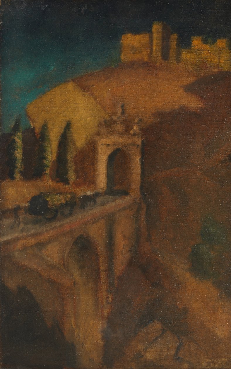带桥梁的山地景观（反之亦然），约1910年（布面油画） 作者 多拉（到）卡灵顿