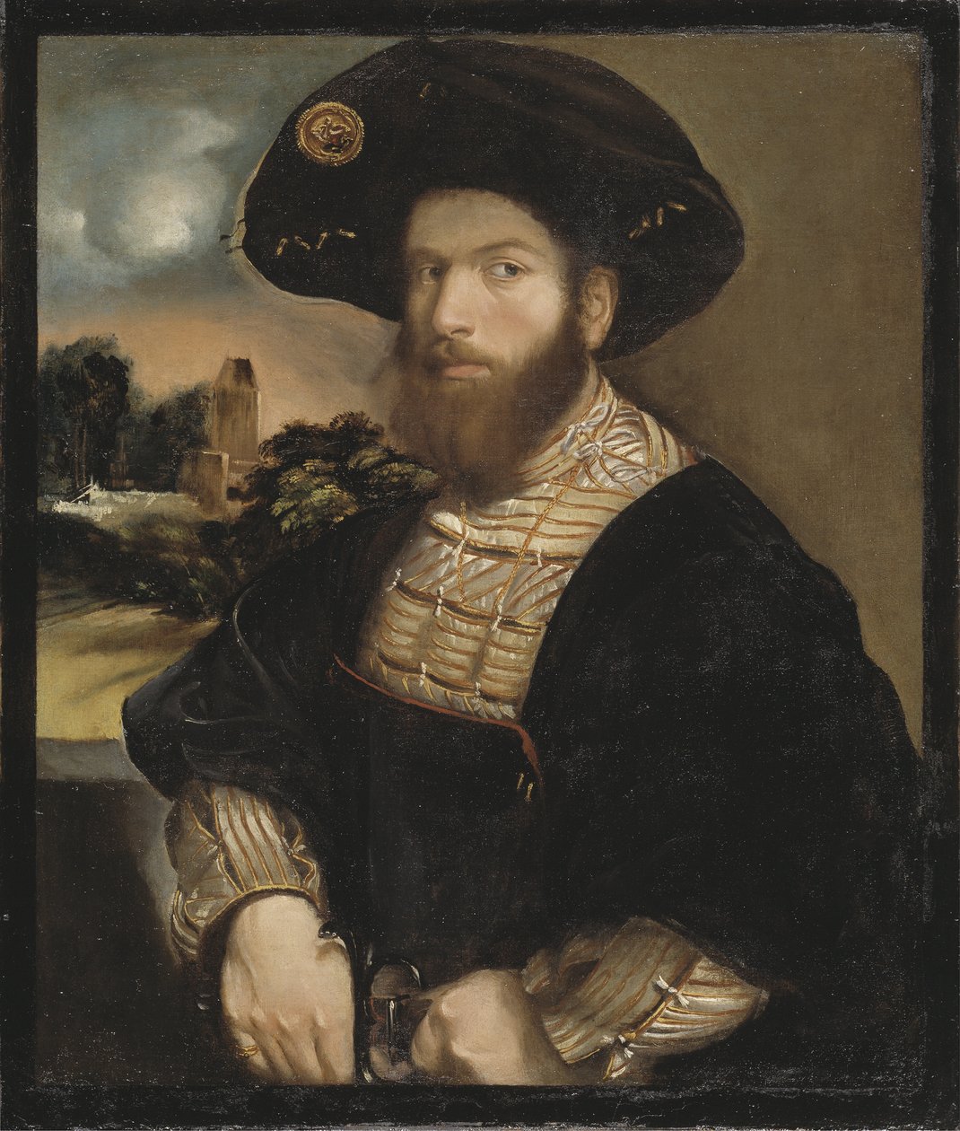 戴黑色贝雷帽的男人的肖像 - 戴黑色贝雷帽的男人的肖像，由 Dossi, Dosso (Giovanni di Niccolo de Lutero 或 Luteri)（约 1486-1542 年）绘制。 布面油画，约 1530 年。尺寸：85.5x71 厘米。 斯德哥尔摩国家博物馆 作者 多索·多西