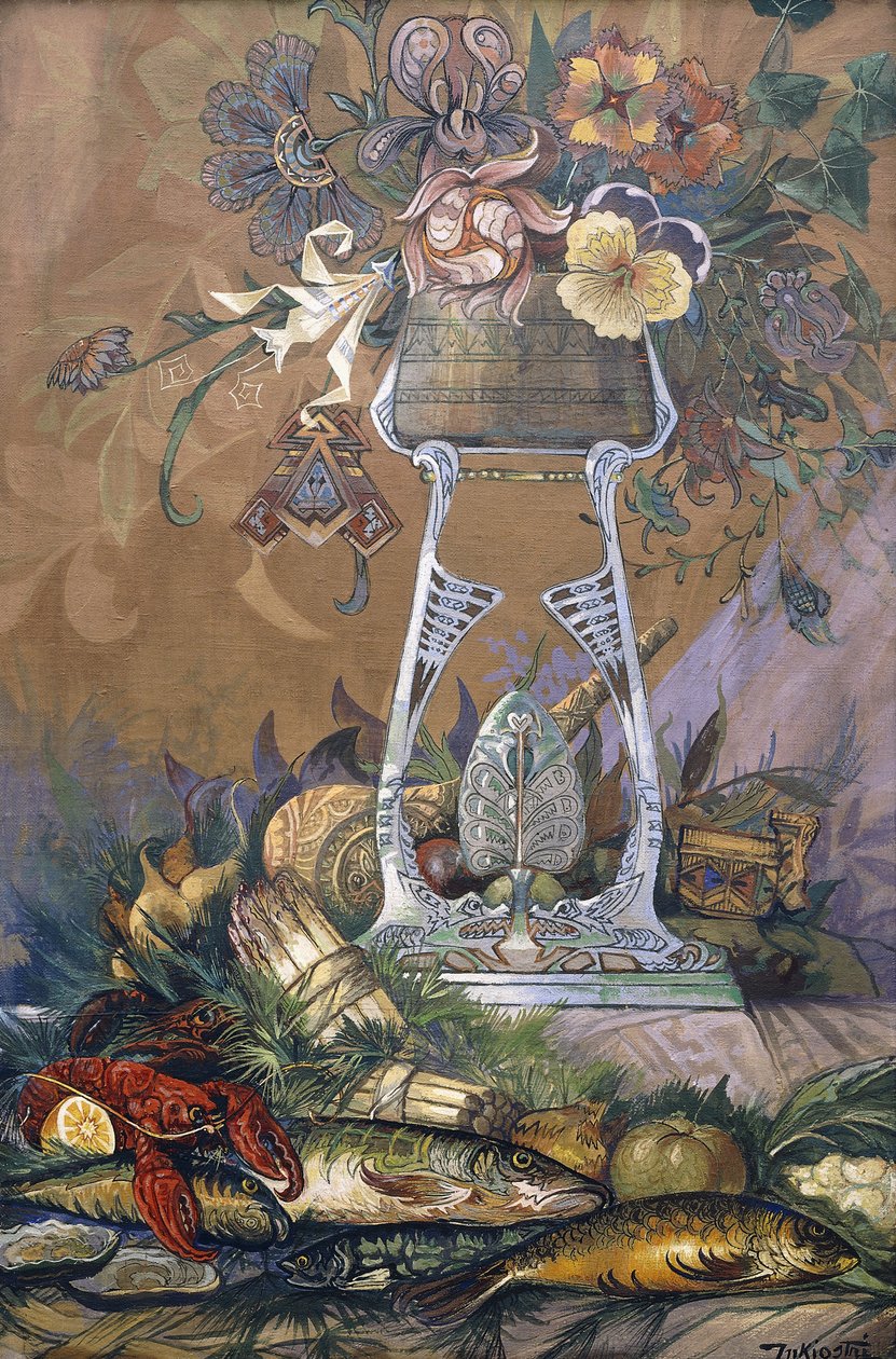 花瓶里的花在芦笋，龙虾，牡蛎和鱼的架子上（布面油画） 作者 Dragutin Inkiostri Medensak
