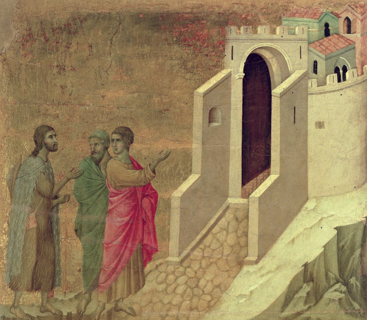 Maesta：基督出现在通往以马us斯的道路上，1308-11 作者 杜乔·迪·博尼塞尼亚