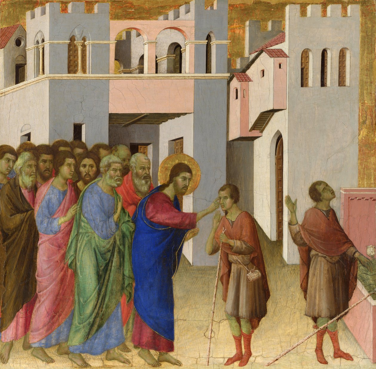 一个人的守卫是不可能的。Peinture de Duccio di Buoninsegna (1260-1318), tempera sur bois, vers 1308-1311 - The Healing of the Man born Blind - Tempera on panel - ca 1308-1311 - Duccio di Buoninsegna - National Gallery, London ©Fine art images/Lee 作者 杜乔·迪·博尼塞尼亚