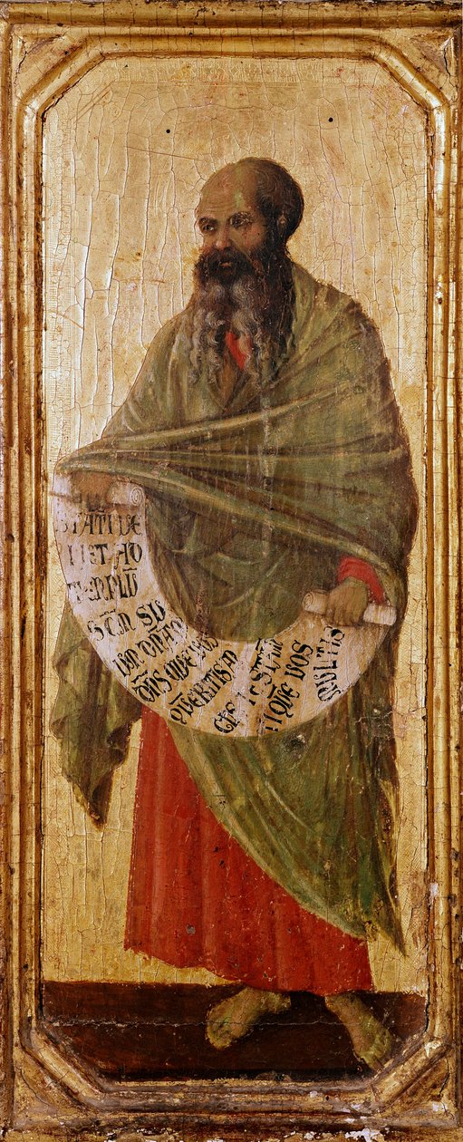 Duccio di Buoninsegna (1255-1318/9)1308-1311年创作的预言家Malachie Detrempe木雕，尺寸42.5x16厘米 锡耶纳，Museo del l